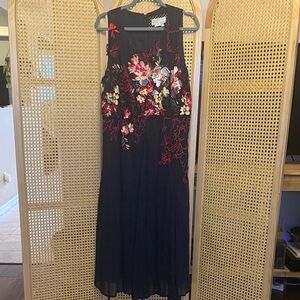 Anthropologie Navy Dress with Floral Embroidery